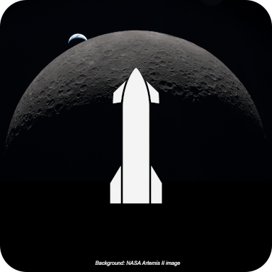 Stylized Lunar Starship silhouette with Moon and Earth